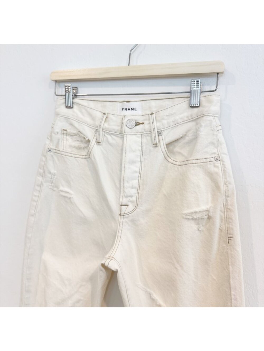 Frame Jeans Size 25 Off White Distressed High Rise Button Fly Rigid Alternative - Picture 4 of 10